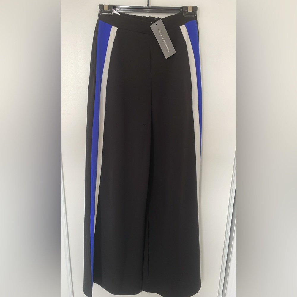 French Connection Black Wide Leg Pants with Blue and White Stripes